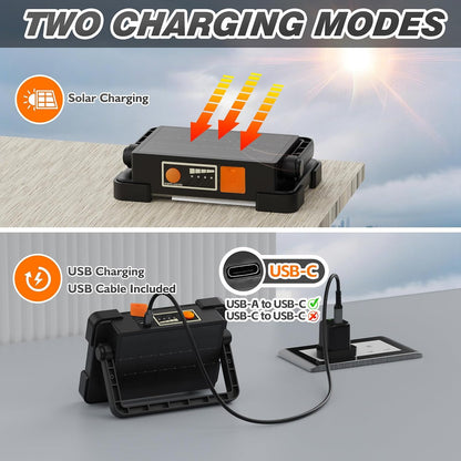 120W Solar Rechargeable Work Light, 144 LED 10000LM Led Work Light with 4 Modes, Portable Flood Light with Stand, IP66 Waterproof Outdoor Working Light for Emergency Mechanic Camping Repair (Yellow)