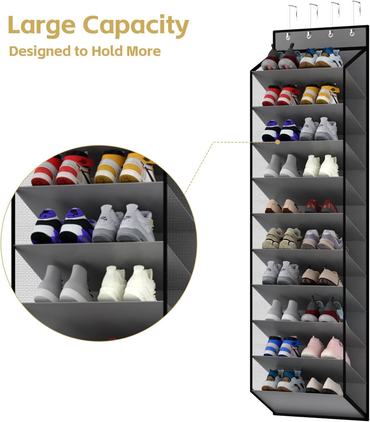 KEEPJOY Over the Door Shoe Organizer, Hanging Shoe Organizer with 4 Hooks, Shoe Holder with 14 Mesh Pockets Closet Door Shoe Storage Bag (White-2Pack)