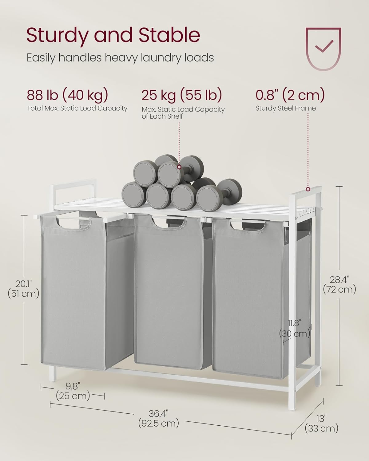 VASAGLE Laundry Hamper, Laundry Basket Sorter with 3 Pull-Out and Removable Bags, Shelf, Metal Frame, 3 x 10.6 Gallons (40 L), 36.4 x 13 x 28.4 Inches, Cappuccino Beige and Natural Beige UBLH301LH01
