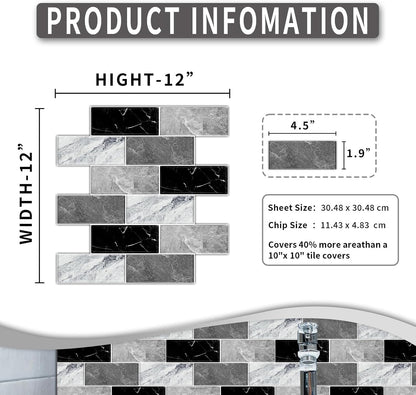 10 Sheets Peel and Stick Backsplash for Kitchen 12"X12" Back Splash Adhesive Subway Wall Tile Flat Vinyl Sticker for Bathroom on Renter Friendly Marble 2-6 (Not 3D Tile)