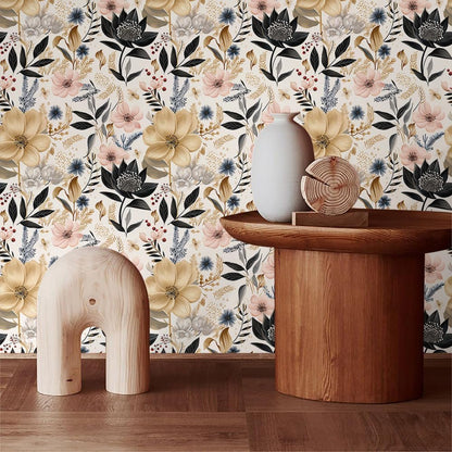MuralPeel White/Pink/Gold Floral Garden Black Blue Flowers Vintage Peel and Stick Wallpaper Self Adhesive Removable Easy Peel Off Contact Paper Stick on Wall Paper for Bedroom Cabinet Renter Friendly