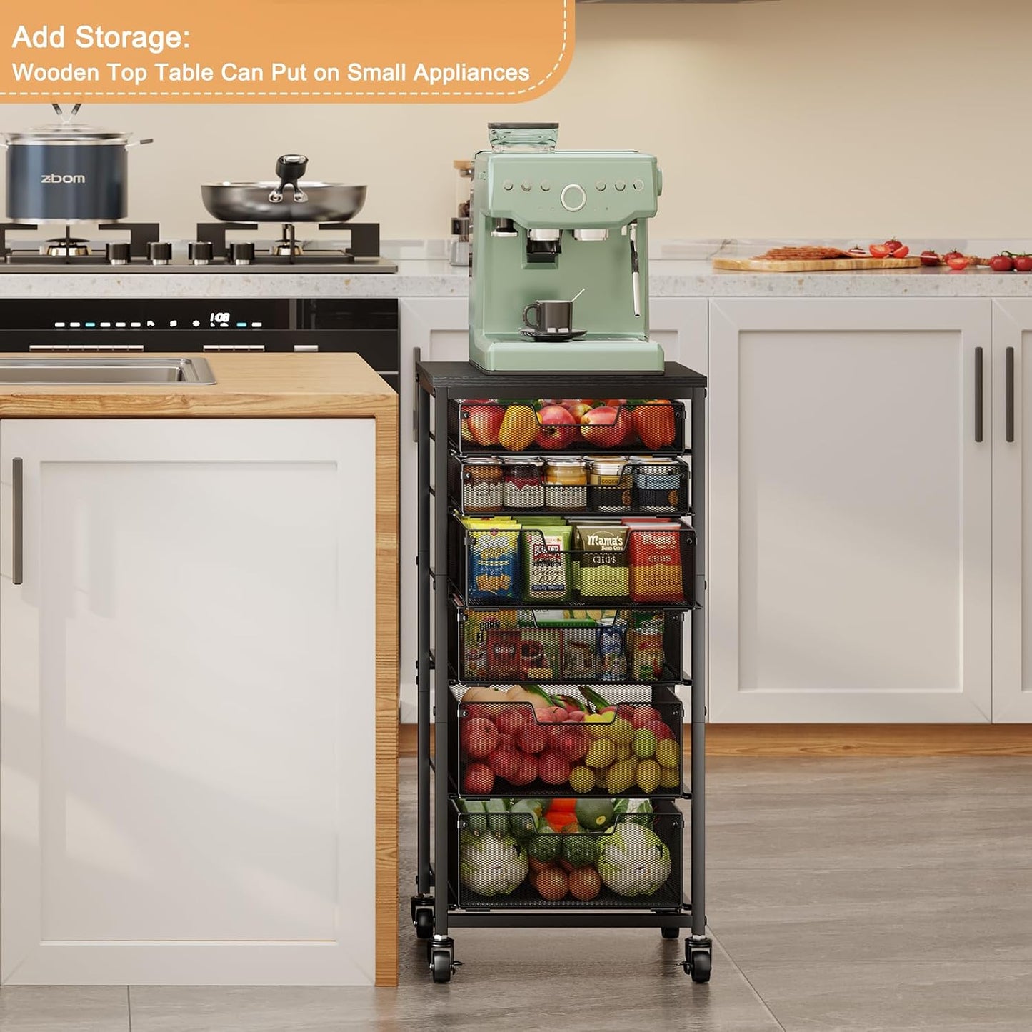 4 Tier Kitchen Rolling Cart, Kitchen Storage Cart with Wheels, Adjust Pantry Organizer and Storage Cart with Drawer, Fruit Vegetable Spice Storage Cart, Wooden Top Metal Kitchen Organizer Rack Stand