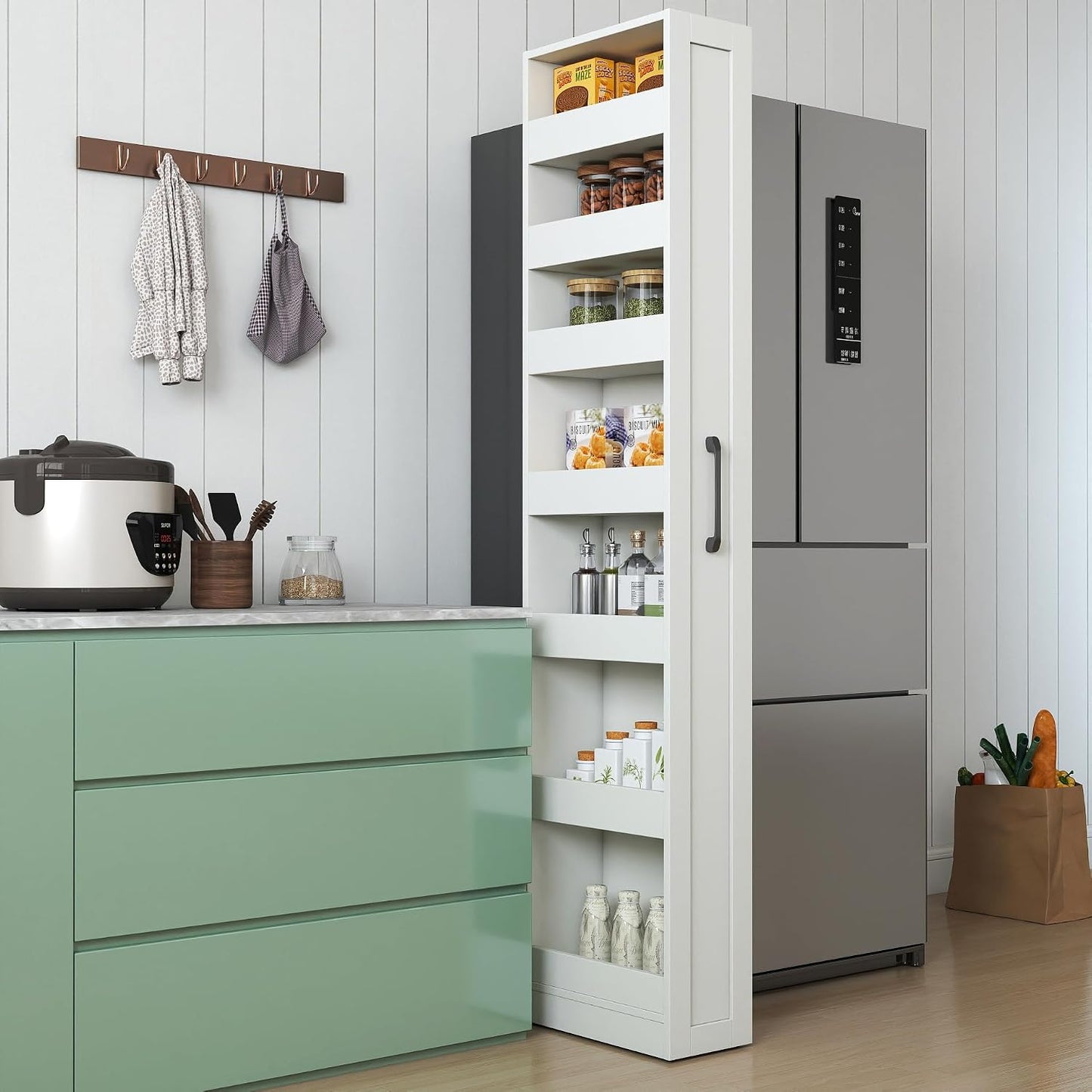 68'' Tall Narrow Storage Cabinet with Handle & Wheels, 7 Tier Pull-Out Kitchen Pantry Cart, Rolling Slim Freestanding Organizers Shelf Spice Rack for Small Spaces (White-Wheels, 7 Tier)