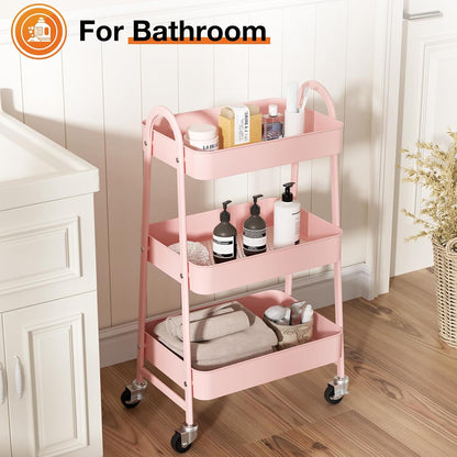 NEWBULIG 3-Tier Rolling Storage Cart, Metal Mobile Utility Organizer Shelf with Lockable Wheels, Space-Saving Freestanding Storage for Bathroom Living Room and Narrow Corner Spaces, Green