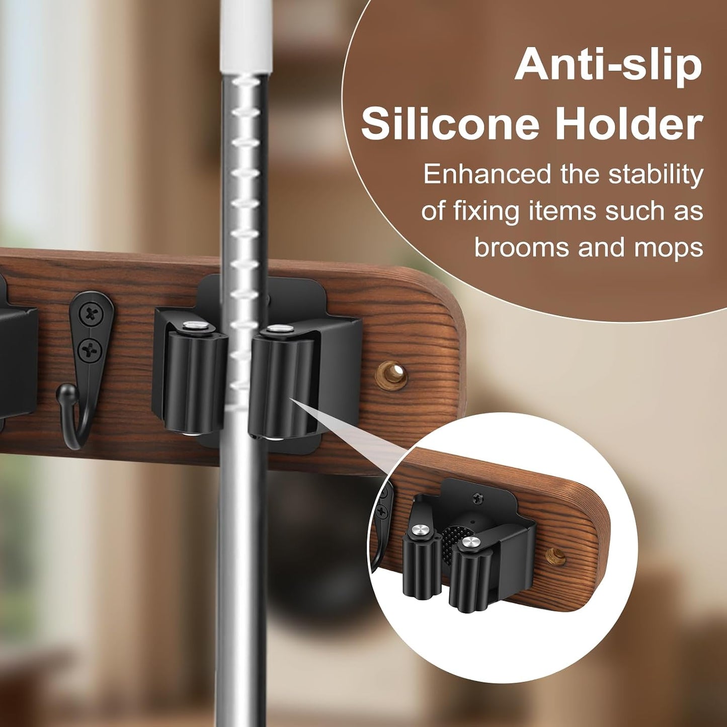 Broom Holder Wall Mount With Vacuum Cleaner Holder,Wood Broom Hangers For Wall，Broom And Mop Organizer Wall Hanging For Laundry Room ，Broom Organizer Wall Mount For Home Garage Kitchen (Black)