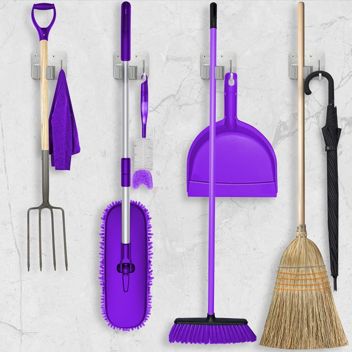 Stainless Steel Broom Holder, Heavy Duty, Rust Resistant, 4 Gripper Positions with 4 Hooks, Black