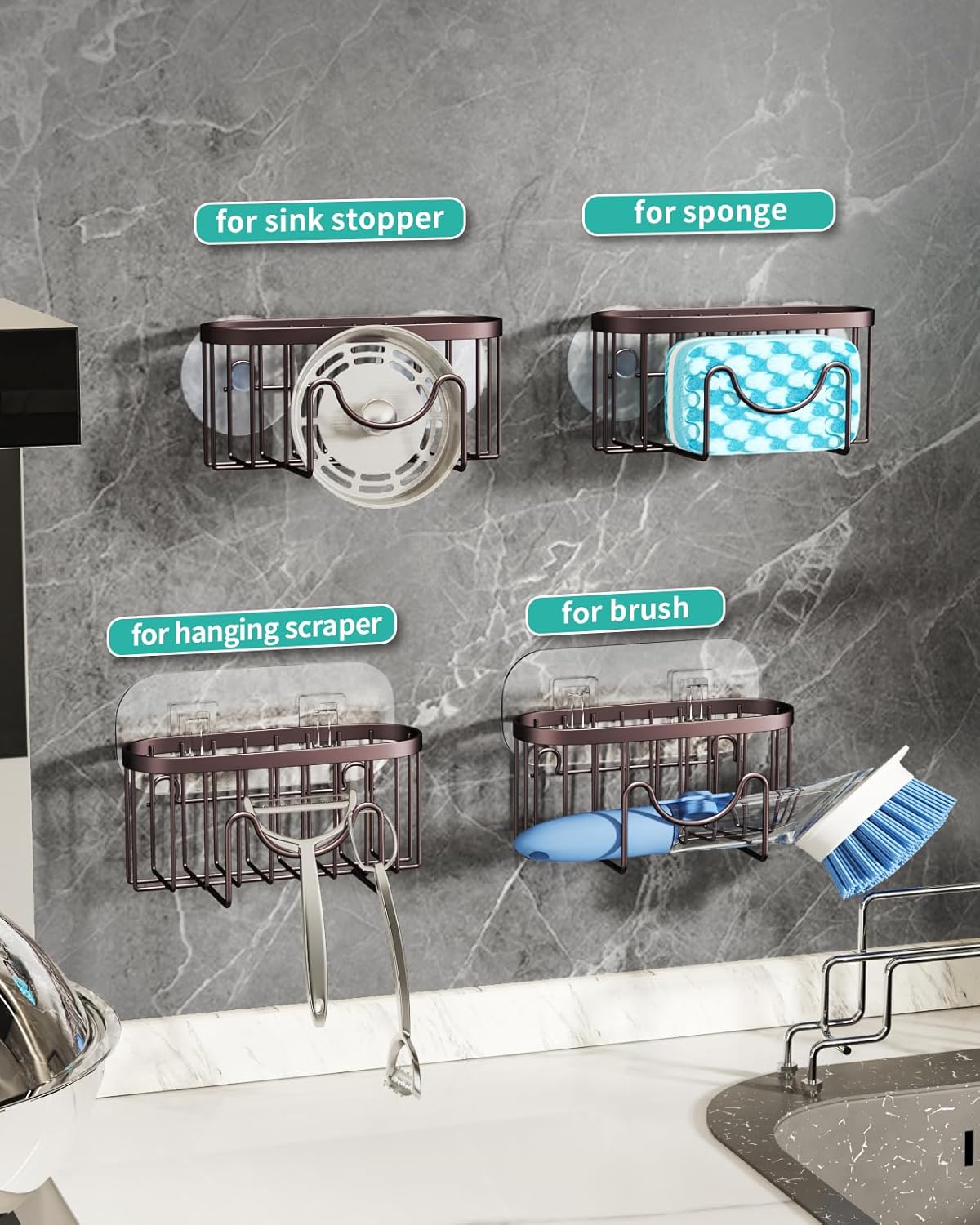 HapiRm Multifunctional Sponge Holder with Unique M-Shaped, 2 Installation Methods Kitchen Sink Caddy Organizer, Rustproof Stainless Steel Kitchen Organizers and Storage Essentials - Black