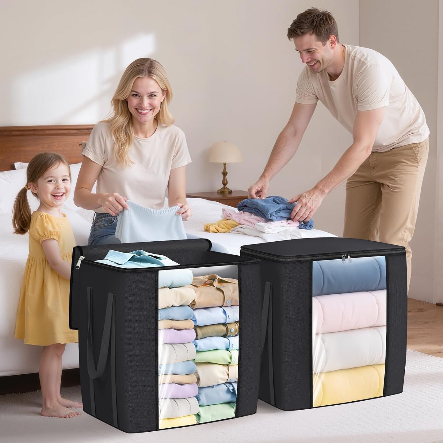 TasticTotes 120L Extra Large Clothes Storage Bags, Foldable Blanket Storage and Organization, Thick Fabric Containers with Reinforced Handles & Zippers for Clothing, Comforters, Bedding, Gray, 1 Pack