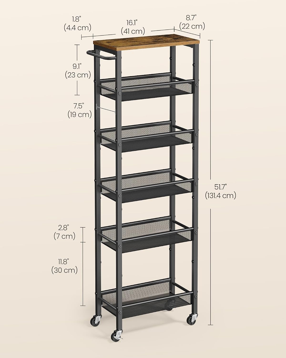 VASAGLE Slim Rolling Cart, 4-Tier Narrow Storage Cart with Handle, 5.1 Inches Deep, Metal Frame, for Kitchen, Dining Room, Living Room, Home Office, Rustic Brown and Classic Black ULRC032B01V1
