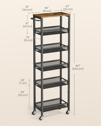 VASAGLE Slim Rolling Cart, 4-Tier Narrow Storage Cart with Handle, 5.1 Inches Deep, Metal Frame, for Kitchen, Dining Room, Living Room, Home Office, Rustic Brown and Classic Black ULRC032B01V1