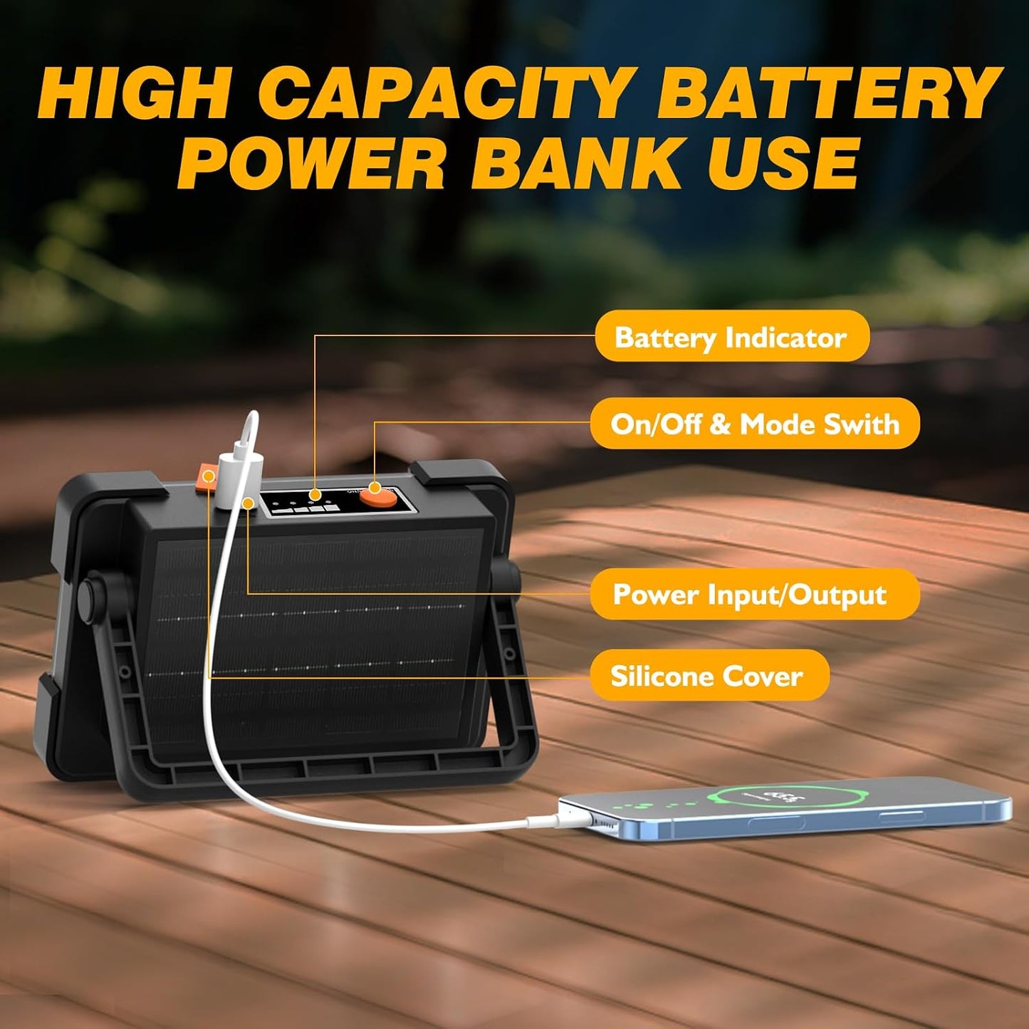 120W Solar Rechargeable Work Light, 144 LED 10000LM Led Work Light with 4 Modes, Portable Flood Light with Stand, IP66 Waterproof Outdoor Working Light for Emergency Mechanic Camping Repair (Yellow)