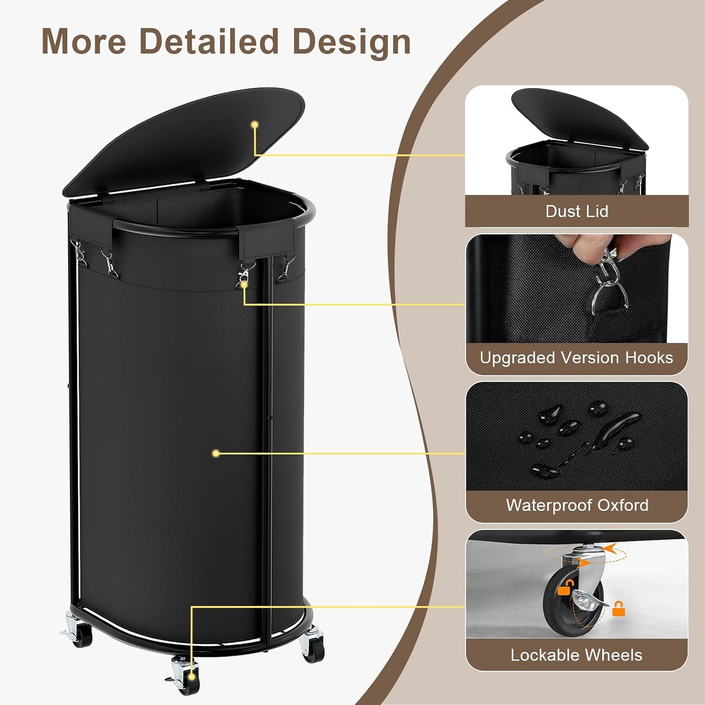 200L Double Laundry Hamper with Lid and Wheels, Large Oval Rolling Laundry Basket 2 section, Sturdy Metal Laundry Cart with 2 Removable Bags, Dirty Clothes Organizer for Home, Dorm, Black
