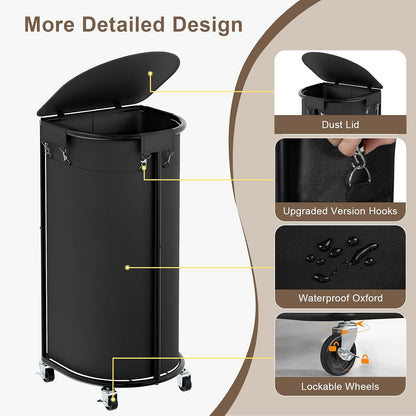 200L Double Laundry Hamper with Lid and Wheels, Large Oval Rolling Laundry Basket 2 section, Sturdy Metal Laundry Cart with 2 Removable Bags, Dirty Clothes Organizer for Home, Dorm, Black