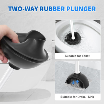 LOVLOY Toilet Plunger and Brush, Bowl Brush and Heavy Duty Toilet Plunger Set with Ventilated Holder, 2-in-1 Toilet Brush and Plunger Combo for 5.3-inch Toilet Drain Bathroom Cleaning (Black)