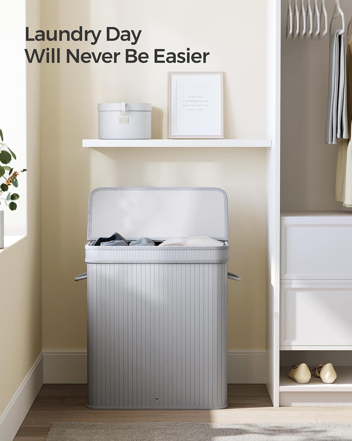 SONGMICS Laundry Hamper with Lid, Bamboo Launry Basket with Handles, Foldable Storage Basket for Laundry Room, Bedroom, 100L, Brown ULCB063K02