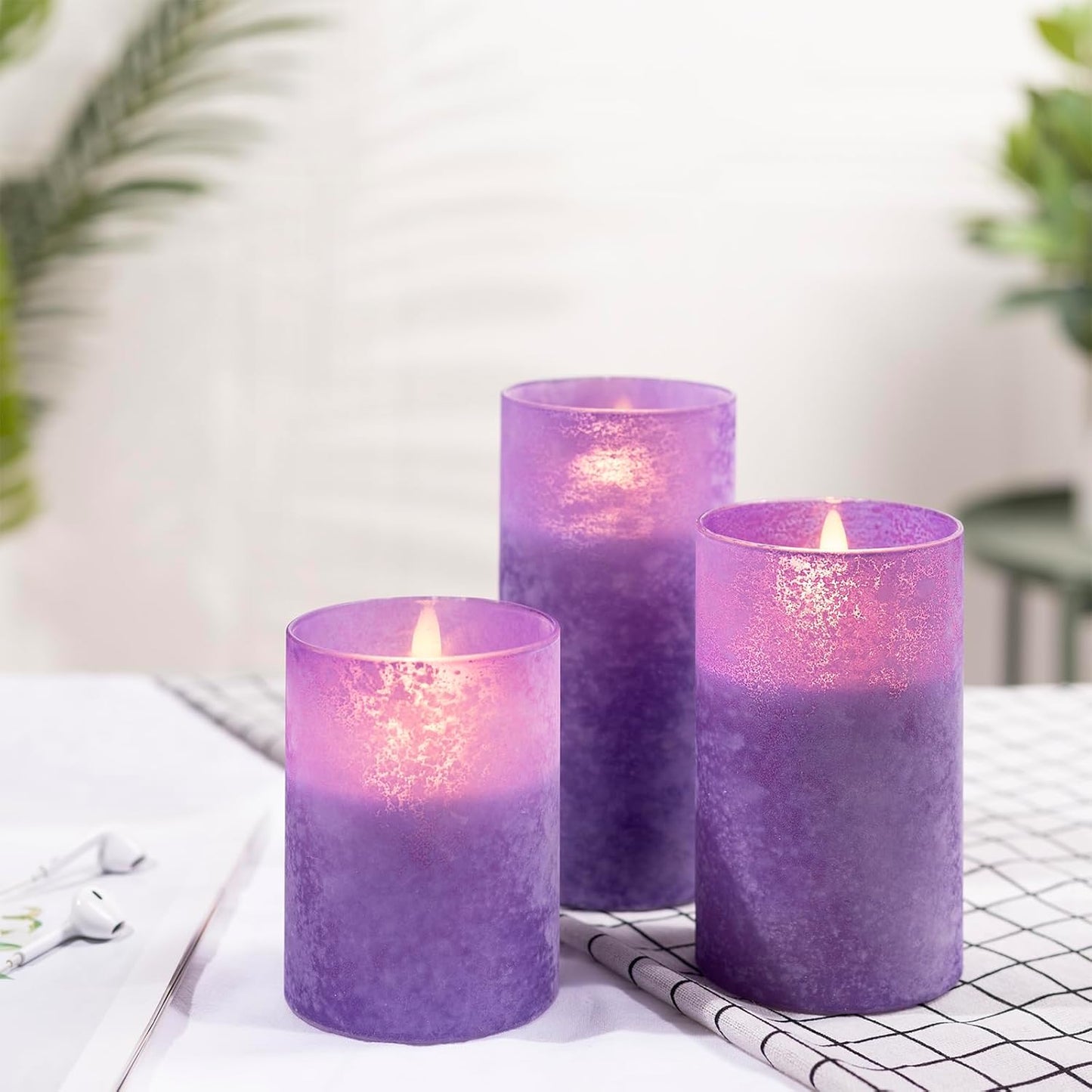 Blue Flameless Candles with Remote, Real Wax Glass Battery Operated Candles with Timer, LED Pillar Candle for Bedroom Home Wedding Birthday Party Fall Halloween Christmas Decorations, Set of 3