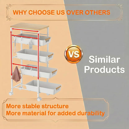 5-Tier Slim Storage Cart, Wooden Top Rolling Kitchen Cart with Pull-Out Baskets & Wheels, Narrow Space Utility Cart Slide Out Organizer for Kitchen, Bathroom, Laundry Room, White