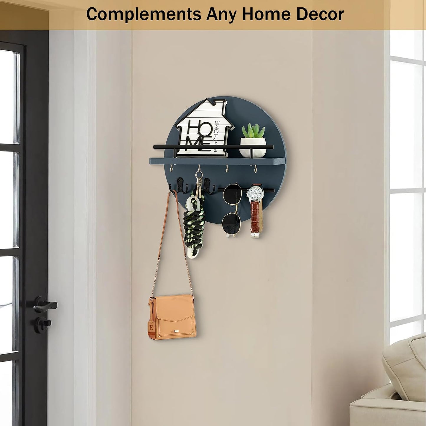 dreampossible Key Holder for Wall Decorative with Shelf and Hooks, Mail Organizer Wall Mount, Circular Design Entryway Key Rack Hanger, Rustic Home Decor (Black)