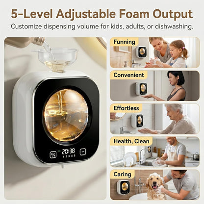 Automatic Foam Soap Dispenser Bathroom,Wall Mounted Touchless Foaming Soap Dispenser Rechargeable with Smart LCD Display & 5-Level Adjustable Foam,Electric Dispenser for Kitchen Office (White)