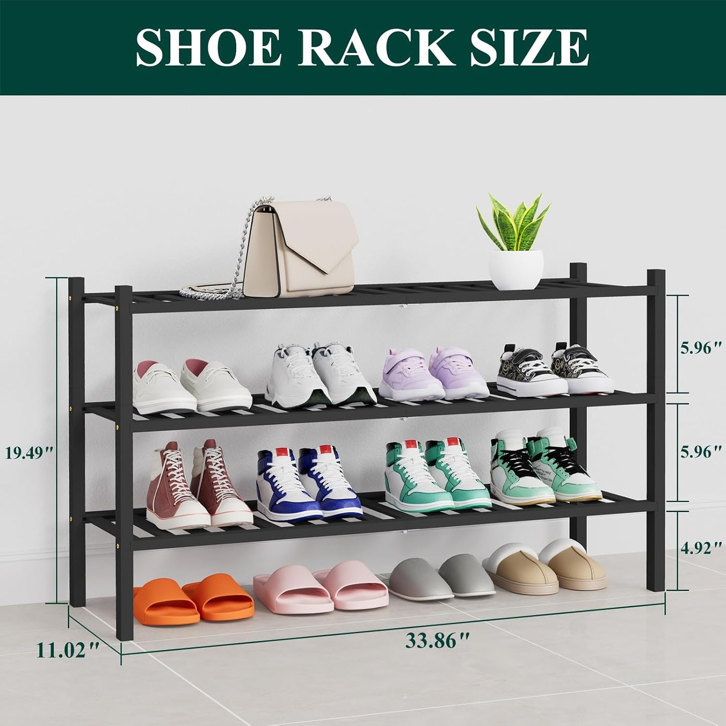 Smiry Bamboo Shoe Rack, 3 Tier Free Standing Wooden Shoe Organizer, Stackable Wood Shoe Storage Shelf for Closet, Entryway, 12 Vertical Slats, 2+1 Stack Standard Legs, 26.8"x11"x19.5", Natural