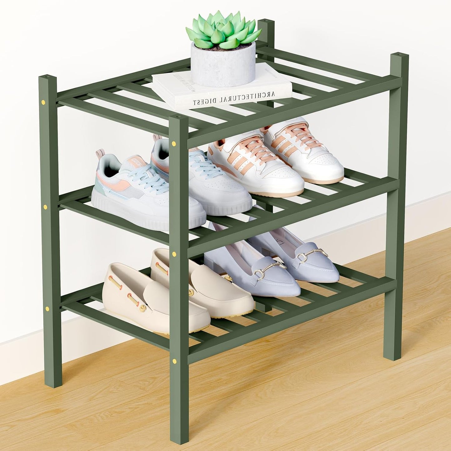 Smiry Bamboo Shoe Rack for Closet, 3 Tier Wooden Shoe Organizer, Stackable Wood Shoe Storage Shelf for Entryway, 14 Vertical Slats, One-piece Heavy-Duty Legs, 26.77"x11.02"x18.31", Natural