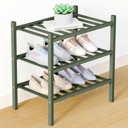 Smiry Bamboo Shoe Rack for Closet, 3 Tier Wooden Shoe Organizer, Stackable Wood Shoe Storage Shelf for Entryway, 14 Vertical Slats, One-piece Heavy-Duty Legs, 26.77"x11.02"x18.31", Natural