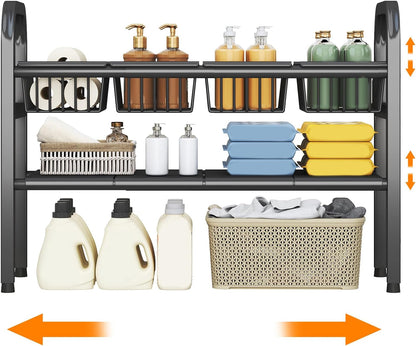 2 Tier Under Sink Organizer Expandable Length/Height Adjustable Heavy | Length/height adjustable fits any cabinet, 4 removable shelves/baskets, anti-wobble feet, for kitchen/bathroom/laundry