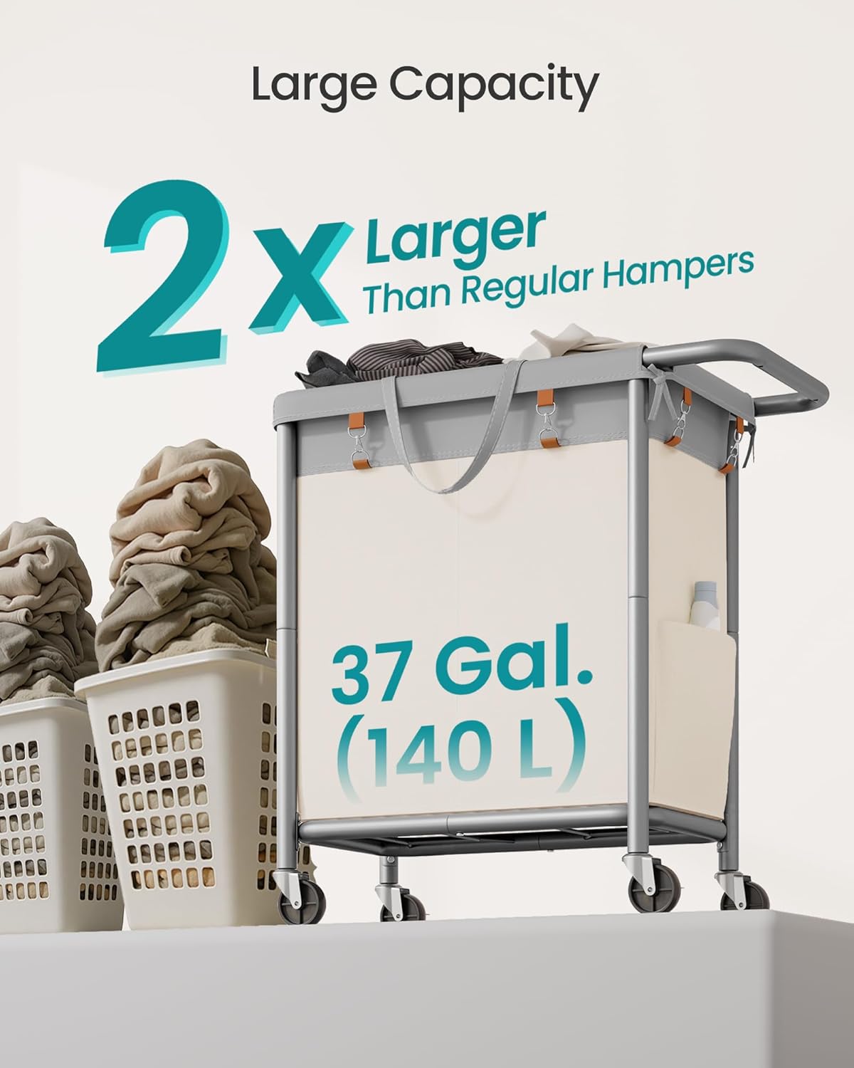 SONGMICS Laundry Basket with Wheels, 3-Section Rolling Laundry Hamper, 52.8 Gallons (200 L), Removable Liner, Steel Frame with Handle, 35.8 x 15.4 x 31.9 Inches, Cream White URLS005W01
