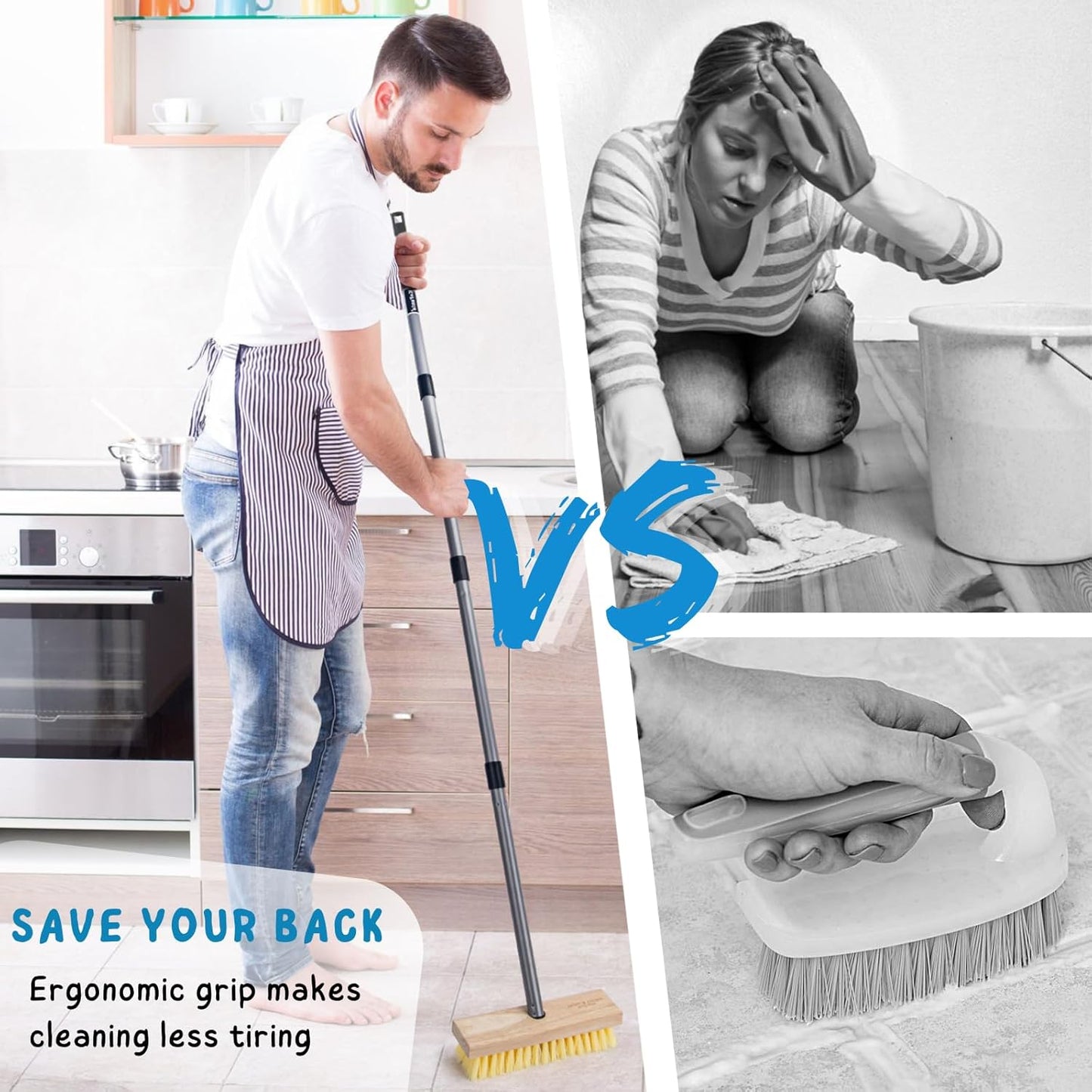 Floor Scrubber Brush with Long Handle for Deck Cleaning, 52'' Stiff Bristle Scrub Broom for Shower, Bathroom, Boat, Concrete, Carpet, Garage