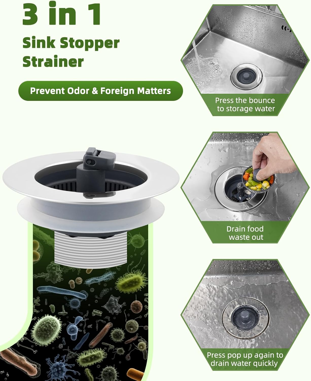 All Metal Sink Drain Strainer for Kitchen Sink, Universal Fit | Pop Up 3-in-1 Sink Stopper Drainer, 304 Stainless Steel Basket for US Standard 3-1/2 inch Drain Filter, Anti-clog