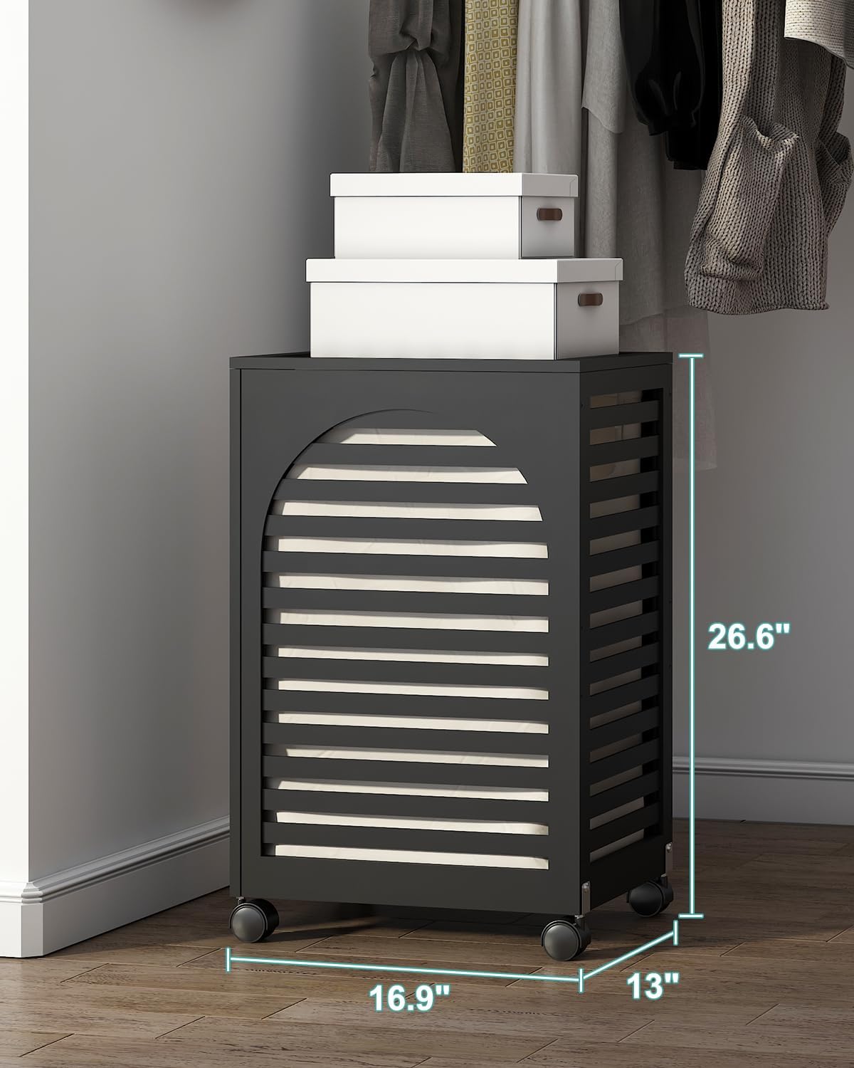Black Laundry Hamper with Wheels, Laundry Basket with Lid, 22.5 Gallon (85L) Bamboo Wood Clothes Laundry Hamper 2 Section with Handles, Removable Liner