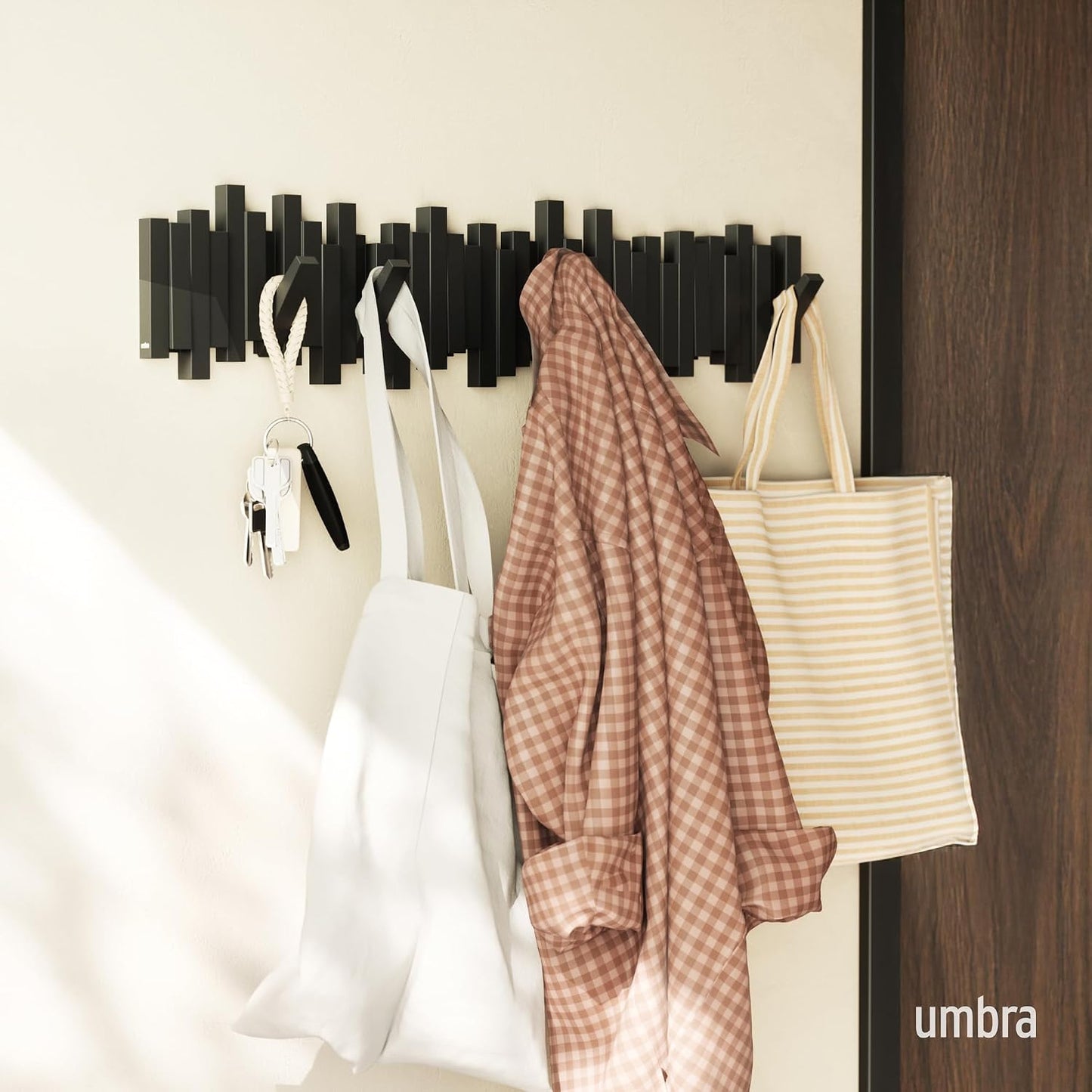 Umbra Sticks Wall-Mounted Coat Rack Rail Hook with 5 Retractable Pegs – Modern, Space-Saving Storage Organizer, Black