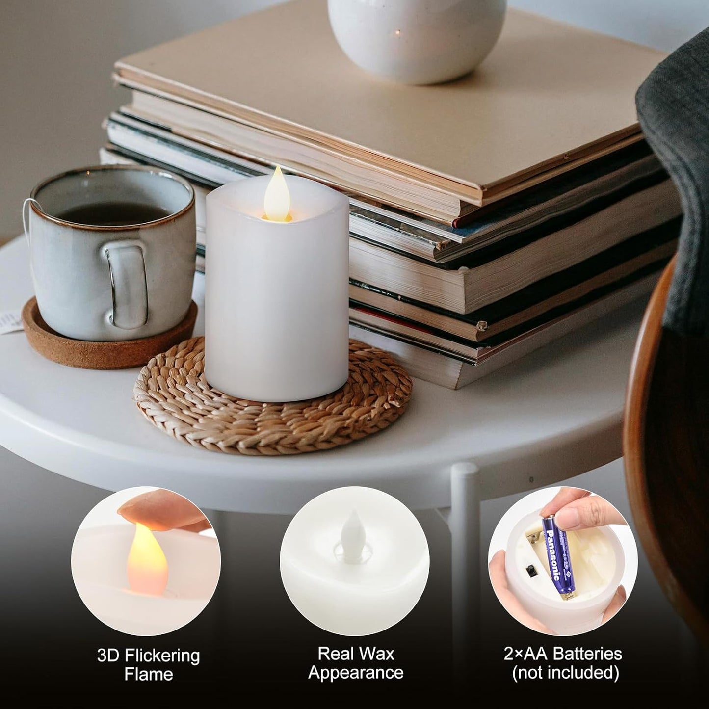 3x4 Flickering Flameless Candles Set of 3,Real Wax Pillar LED Candles,with Timer,4 inch Flameless Candles with Remote,for Party Wedding Holiday Home Decor,Ivory
