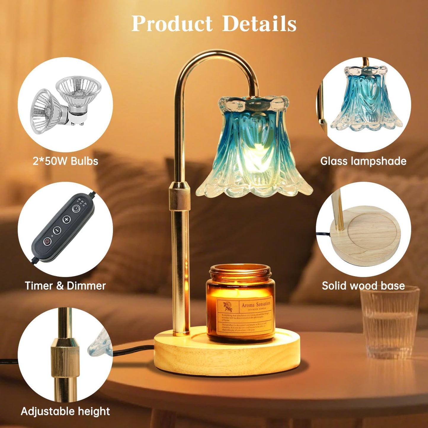 Fragrance Candle Warmer Lamp with 2 Bulbs Electric Candle Warmer with Timer & Dimmer for Home Decor