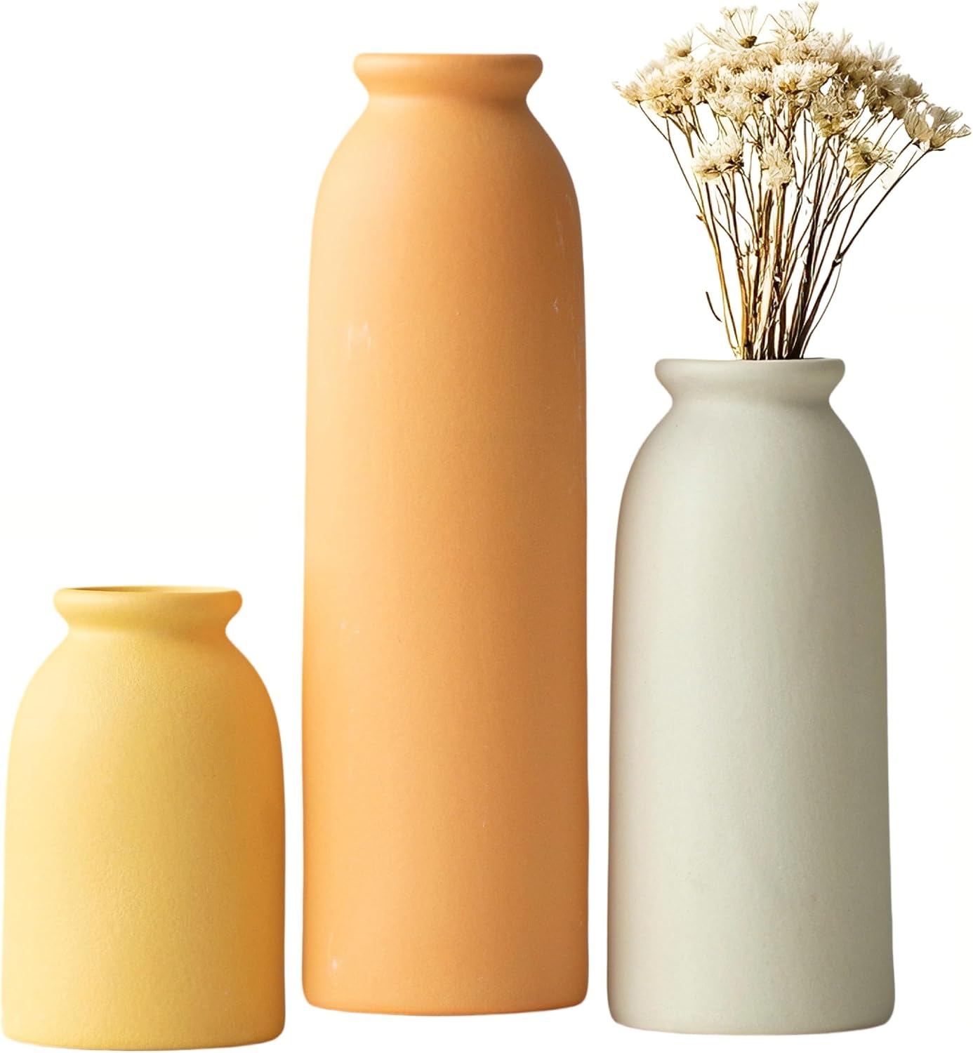 Ceramic Vase Set-3, Small Flower Vases for Decor, Modern Boho Farmhouse Style, Decorative Vases for Pampas Grass & Dried Flowers, Distressed Finish (Beige)