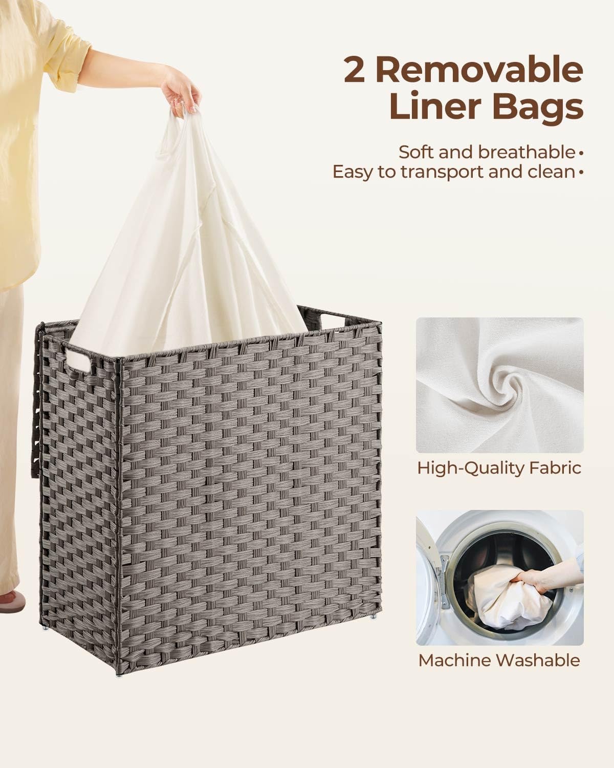 Greenstell Laundry Hamper with 2 Removable Liner Bags, Foldable Divided Clothes Hamper, 90L Handwoven Rattan Laundry Basket with Lid and Handles, No Assembly Needed, 18.3x13.3x24 Inches, Black