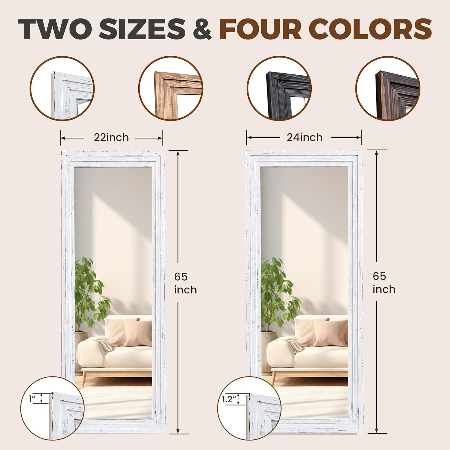 65"x22" Full Length Mirror Solid Wood Frame Floor Mirror with Stand for Living Room, Bedroom Hanging Standing or Leaning, Brown