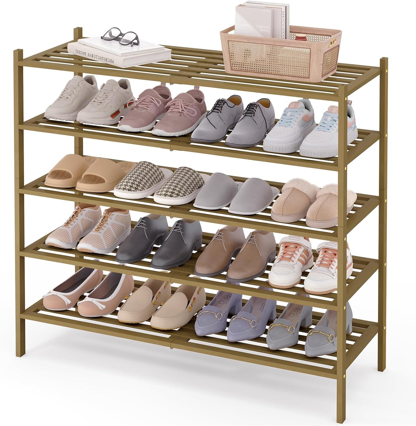 Smiry Bamboo Shoe Rack, 3 Tier Free Standing Wooden Shoe Organizer, Stackable Wood Shoe Storage Shelf for Closet, Entryway, 5 Horizontal Slats, 26.8"x11"x18.3", Natural