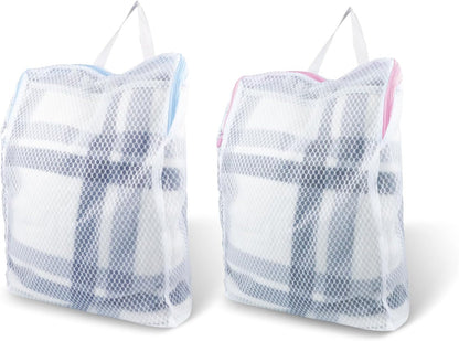 2 PCS Honeycomb Mesh Laundry Bag with Handle, 15.7 x 11.8 Inch Zippered Mesh Laundry Bag, Extra Large Opening, Side Widening, for Washing Socks, Baby Items, Lingerie, Travel Garments (Pink and Blue)