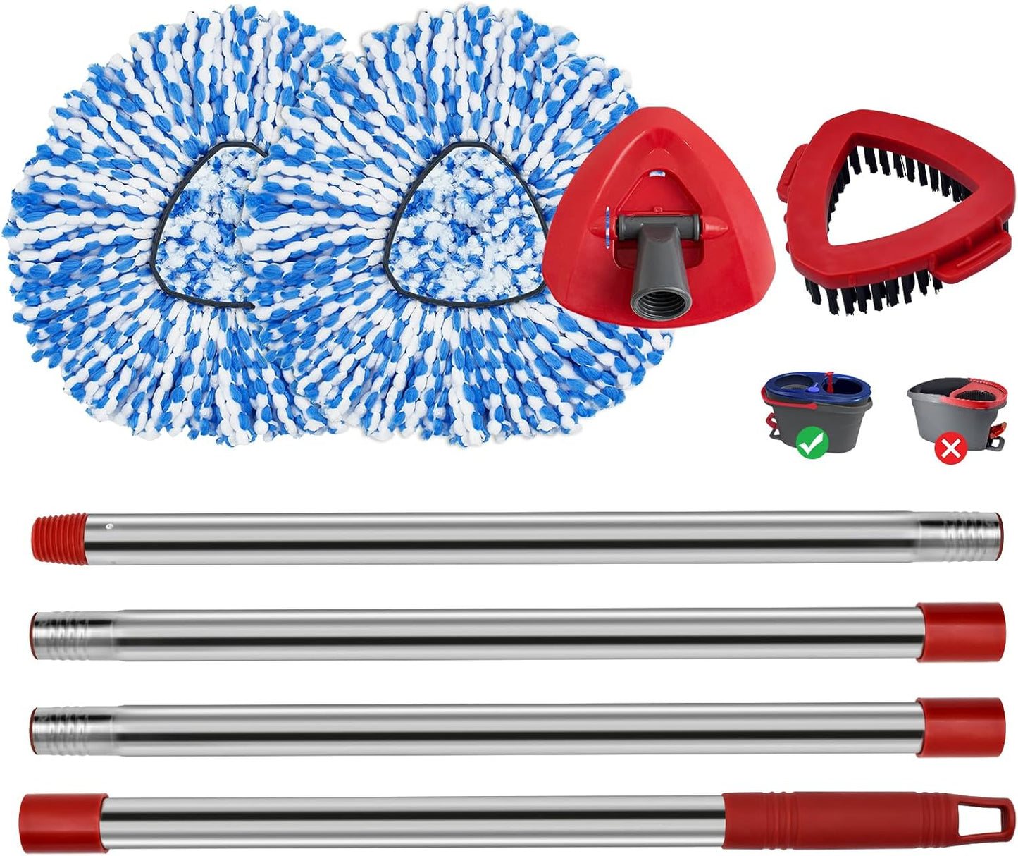 Mop Replace Heads Mop Handle and Base Replacement for O Cedar EasyWring 1-Tank Spin Mop System, 2 Microfiber Mops Refills, 4-Section Iron Mop Handle 30-58Inch and 1 Mopping Heads Cover Set (No Bucket)