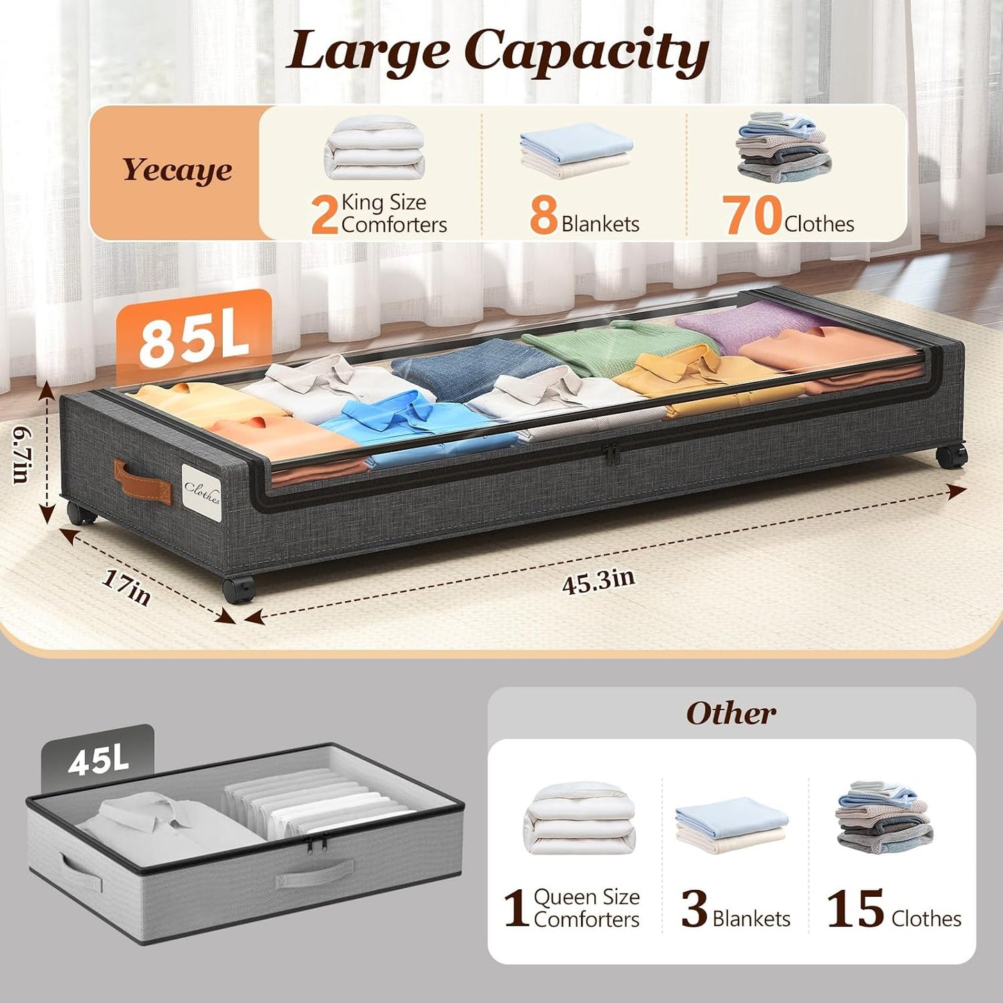 Yecaye Under Bed Storage with Wheels, 2 Pack Under Bed Storage Containers, 60L Underbed Shoe Storage with Clear Window & Label, Rolling Under Bed Metal Drawer for Clothes, Shoes, Books, Blankets