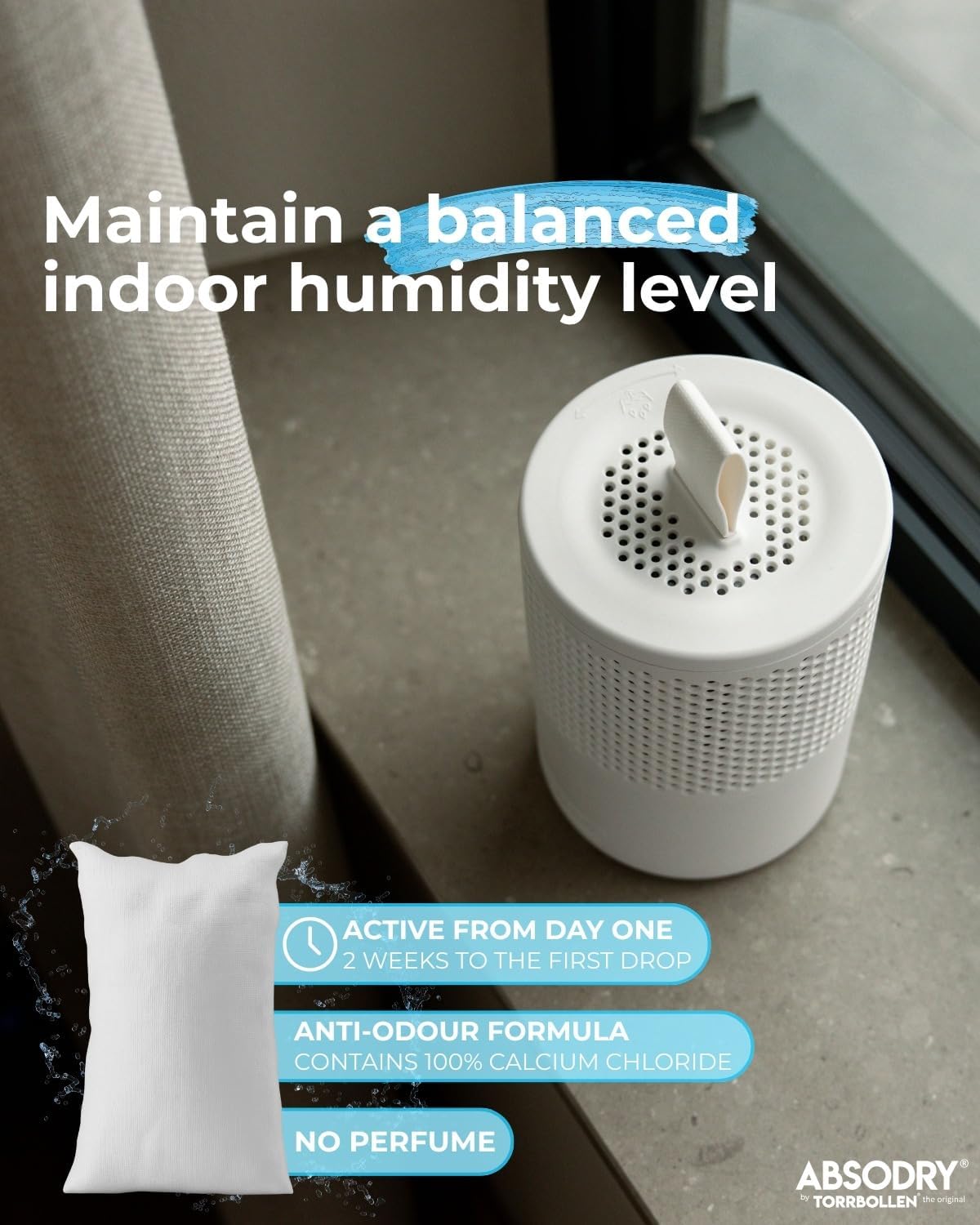 Absodry by Torrbollen Moisture Absorber 1.3lb Bag — Dehumidifier for Bedroom, Electricity & Battery Free Dehumidifiers for Home, Air Freshener and Purifier for Home Up to 90 Days, 269 ft² (White)