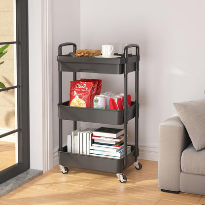 Calmootey 3-Tier Rolling Utility Cart with Drawer,Multifunctional Storage Organizer with Plastic Shelf & Metal Wheels,Storage Cart for Kitchen,Bathroom,Living Room,Office,White