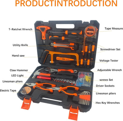 Tool Kit Basic Home Repair Tool Set,General Household Tool Kit with Plastic Tool box,Perfect for Outdoor working,Office & College Dorm.Tools mainly include hand saw,wrench,hammer,Screwdriver