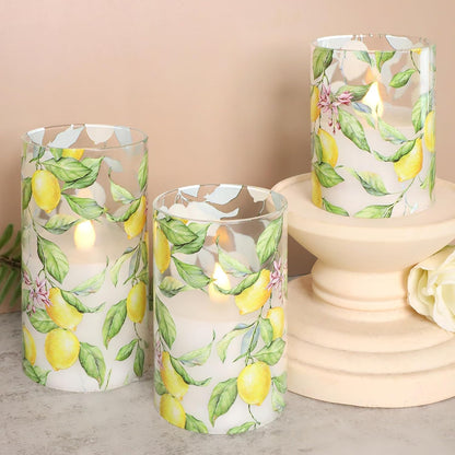 Glass Flameless Candles Flickering Battery Operated LED Pillar Candles Set of 3 with Timer and and 10-Key Remote Green Branch Floral Spring Summer Theme for Wedding Festival Home Decoration