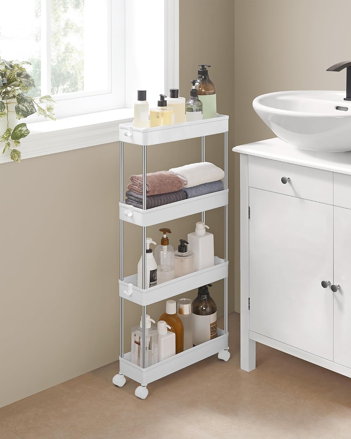 SONGMICS Slim Storage Cart, 4-Tier Rolling Cart, Narrow Utility Cart on Wheels, 6 Hooks, 360° Swivel Wheels, Lockable, Steel Frame, Bathroom, Kitchen, Office, Cloud White UKSC08WT