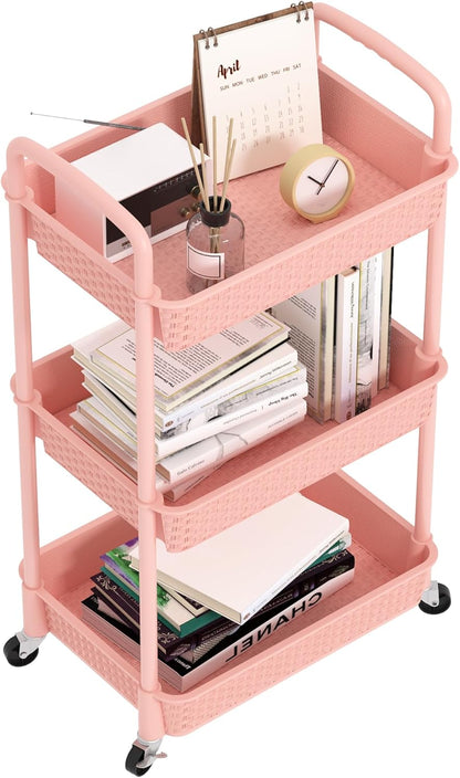 MOYIPIN 3-Tier Plastic Rolling Utility Cart with Handle,Utility Storage Cart for Office, Living Room, Kitchen,Movable Storage Organizer Shelves,White