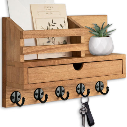 Key Holder Wall Mount, Mail Holder with Storage Drawer and 5 Key Hooks for Coat, Dog Leash, Home Decor Rack, House Accessories, Entry Way Organizer