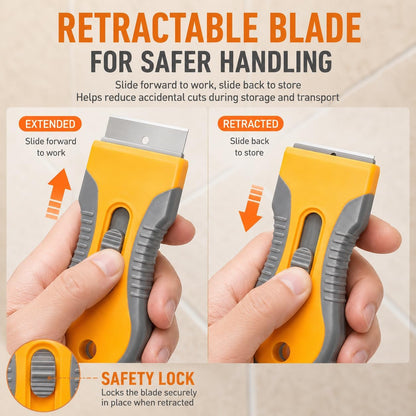 Razor Blade Scraper Set, 2 Safety-Lock Handles + 20 Steel Blades | Steel Blades Retract into Plastic Handles, Removes Stickers, Labels, Paint, Caulk and Residue From Windows, Cooktops and Tile