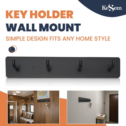 KESEM Key Holder Wall Mount, Key Rack with 4 Hooks for Wall/Door Mounted Metal Keys Rail Hanger, 2 Installation Options Self Adhesive or Screws, Black